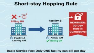 A事業所を退所し、同日にB事業所へ入所する（自宅に戻らない）ショートステイ間の同日利用では、原則として入所側のB事業所のみが基本報酬を算定できるというルールと、30日ルールは通算されるという警告図。