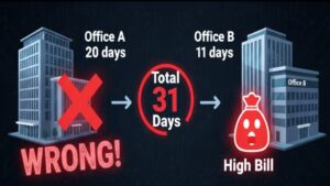 「2事業所を連続利用すれば30日ルールがリセットされる」という誤解を解き、実際には自宅に戻らずにショートステイを渡り歩いても日数が「通算」され、31日目から全額自己負担となる真実を警告するイラスト。