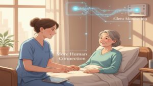 AI見守りセンサーによる「静かな見守り」と、音声入力AIによる「記録業務の自動化」が、介護スタッフに「人が寄り添う時間」を創り出し、最期の看取りケアをより温かいものに変える未来の様子を描いたイラスト。