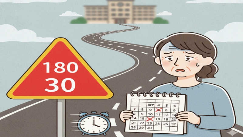 特養入所待ちなどの理由で長期間（ロング）ショートステイを利用せざるを得ないご家族の不安な心境と、制度上の壁（180日ルール、日数制限）を表現した、困難な道のりのイラスト。