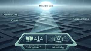 有料老人ホームの制度(厚労省定義、軽減制度)を正しく「理解」することと、AIなどの「技術」を賢く「活用」することの二つが、入居者と職員にとって最も安心で質の高い介護を実現するための鍵であることを示すまとめのイラスト。