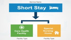 ショートステイは「サービス名」であり、老健（介護老人保健施設）は「施設名」であるという、両者の関係性を図で示し、サービスが特養と老健の2種類の施設で提供されていることを明確にした概念図。