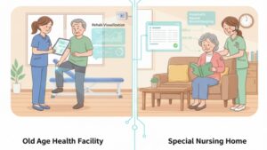 ショートステイを提供する老健・特養両方の現場で、AIが見守りセンサーによる安全管理、リハビリ効果の客観的な見える化、そして音声入力による記録業務の自動化を実現し、職員の「きつい」負担を軽減している未来の介護現場の様子。