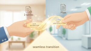 ショートステイのケアプラン2表と施設計画書が、ご利用者の情報と質の高いケアを次の支援者へ繋ぐ「連携のバトン」であることを象徴的に表現したイラスト。