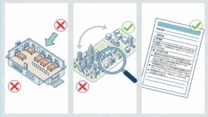低価格施設の高い競争率を乗り越えるための3つの実践テクニック（多床室の選択、広域検索、入居申込書の特記事項の詳細記載）を、戦略的な行動として示したイラスト。