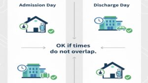 ショートステイの入所日および退所日に訪問介護サービスを同日利用する場合、サービス提供時間が重複していなければ、ショートステイと訪問介護の両方を算定できるというルールを、時間軸で図解したもの。