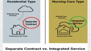 住宅型有料老人ホームが「介護サービス別契約」であるのに対し、介護付有料老人ホームは「施設が直接提供」しているという、両者の最大の違いを図で比較したイラスト。