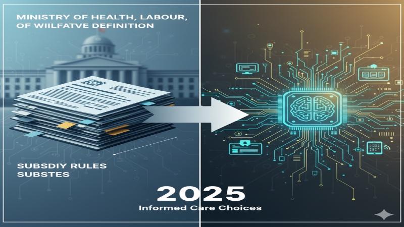 有料老人ホームに関する厚生労働省の厳格な定義や補助金制度の複雑な仕組みと、AI活用による現場の効率化という、二つの異なる側面を融合させ、賢い施設選びと介護の未来を示すイラスト。