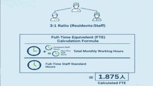 特養の基本ルールである「入所者3人に対し職員1人（3:1）」の基準と、非常勤を含む全職員の勤務時間を常勤職員の労働時間で割る「常勤換算」の計算式を図解したイラスト。