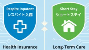 レスパイト入院は「医療保険」が適用されること、ショートステイは「介護保険」が適用されるという、両サービスにおける最も重要な保険適用の違いを強調した図。