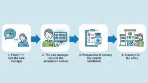 緊急ショートステイ利用までの流れを、「ご家族のケアマネへの電話」から始まり、「受け入れ先の確保」、「必要書類の準備」、そして「事業所によるサービス開始」までの4ステップで解説したフロー図。