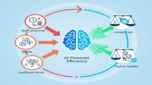 AI活用がもたらす「安くて質の高い」介護施設という未来像。AIが人件費や事務コストを削減することで、利用料の値上げを抑制しつつ、職員の負担を減らし、結果的に質の高いケアを提供する好循環を示したイラスト。