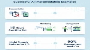 住宅型有料老人ホームにAI・DXを導入した具体的な実例(AI記録、AI見守り、AIシフト作成)と、それにより実現した「残業月15時間削減」「夜間巡回1/3減少」「管理者業務90%削減」という具体的な効果を数字付きで示したインフォグラフィック。