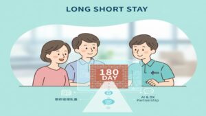 ショートステイの長期利用という実態を理解し、ご家族が「制度のルール」を学び、「ケアマネジャーへ相談」し、さらに「AI」を活用することで、本人にとって最適な解決策を見つけ出すという、協調的な取り組みの重要性をまとめたイラスト。