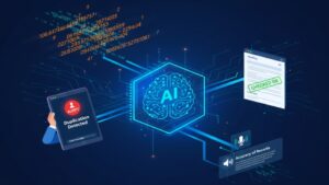 AIが介護報酬の算定ルールを自動チェックし、ショートステイと他サービスとの同日利用における時間重複や算定ミスを自動で検知・警告することで、現場の請求業務のストレスを解消する様子を示したシステム図。