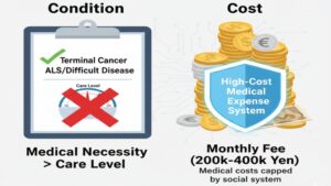 ホスピス型有料老人ホームの入居条件が「要介護度」よりも「医療必要度」（末期がん、難病など）にあることと、月額費用が高めでも「高額療養費制度」で医療費の自己負担に上限があることを示した図。