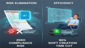 AIによる自動計算・シフト作成システムの導入が、特養の運営にもたらす具体的な効果（人員基準の自動判定、複雑なシフトの自動生成、管理者の業務時間削減）を描いたイラスト。