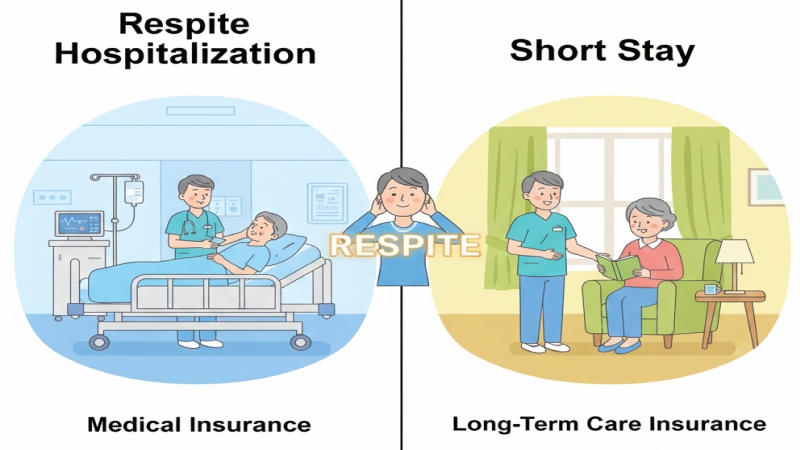 介護者の休息を目的とした「レスパイト入院」（医療保険、病院）と「ショートステイ」（介護保険、介護施設）の違いを比較し、中央に休息を得て安心している介護者の姿を配置したイラスト。