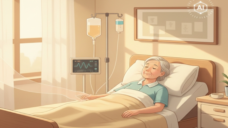 ホスピス型有料老人ホームの「病院のような医療体制」と「自宅のような穏やかな生活」を両立させた、安らかで尊厳のある終末期の緩和ケアの環境を表現したイラスト。