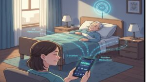 AI見守りセンサー/カメラが夜間の睡眠状態や転倒リスクを監視し、ご家族のスマートフォンに通知することで精神的な不安を軽減し、結果的にレスパイト利用頻度そのものを減らすというAI活用の未来図。