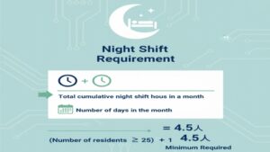 特養の夜勤職員配置加算の要件と、その算定に不可欠な「1日平均夜勤職員数」の計算式（1ヶ月の夜勤職員延べ数 ÷ その月の日数）を分かりやすく図解したイラスト。