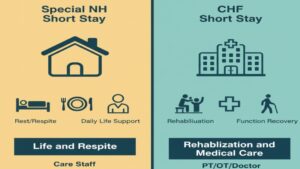 特養併設ショートステイが「家族の休息」と「日常生活の介護」を主な目的とし介護職員が中心であるのに対し、老健併設ショートステイが「在宅復帰のためのリハビリ」と「医療的管理」を目的とし医師やリハビリ専門職が常駐しているという、機能と人員配置の決定的な違いを比較した図。