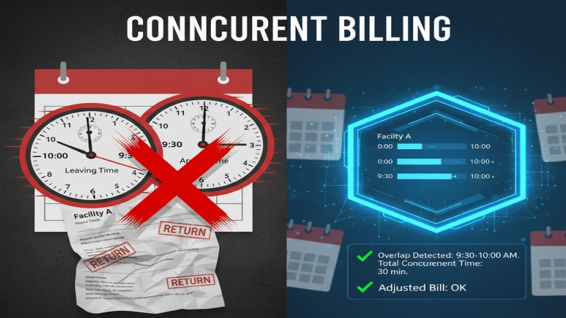 ショートステイの同日利用（施設間移動や訪問介護との併用）による算定ミスや返戻リスク（中央の赤字の警告）と、AI搭載の介護ソフトによる自動チェックとリスク回避（右下の光るデジタル画面）を対比したイラスト。