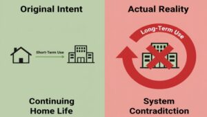 ショートステイの本来の目的は「在宅生活の継続を支援するための短期利用」であり、長期利用は制度上想定されていないという、サービス提供の前提となる大前提を図で示したイラスト。