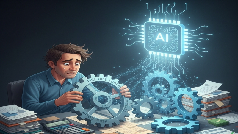 特別養護老人ホーム（特養）の人員配置基準（3:1、常勤換算、夜勤基準）の複雑な計算作業に追われる管理者の様子と、それをAIが自動化・整理し、運営の混乱を解決する様子を対比させたイラスト。