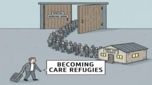 ロングショートステイの最大の原因である「特別養護老人ホーム（特養）への入所待ち」の長蛇の列と、その間ショートステイを転々とする「介護難民」の実態を表現したイラスト。