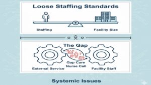 住宅型有料老人ホームの構造的な問題点である「人員基準の緩さ」と、外部サービス連携の複雑さから生じる「制度の隙間」のケア負担を、視覚的な図とアイコンで示したイラスト。
