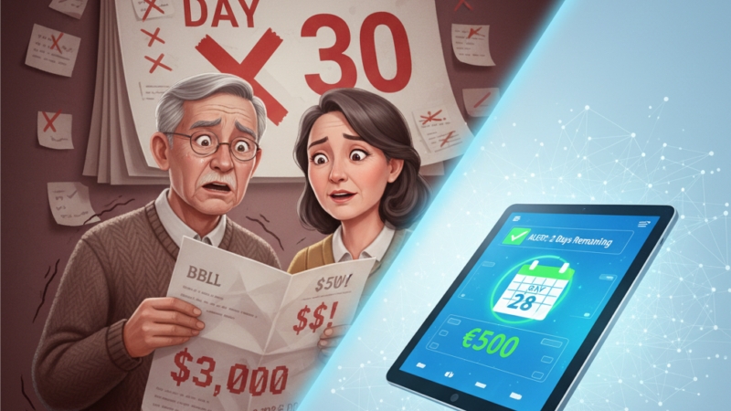 ショートステイの「30日ルール」超過による高額な自己負担（左側の請求書と困惑する人物）と、複雑な日数管理をAIで解決する未来（右側のデジタル表示）を対比したイラスト。