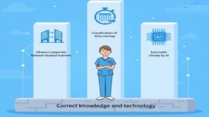 ショートステイの同日利用におけるリスク回避のため、正しい知識、事業所間の連携、そしてAIによる自動チェックという3つの対策を組み合わせて、健全な事業所運営を目指すというメッセージを込めたイラスト。