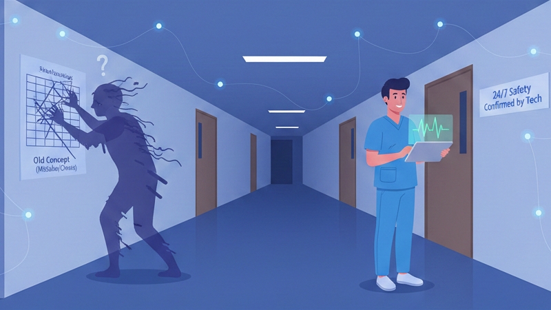 特別養護老人ホーム（特養）の「宿直廃止」という誤解と、制度の真実（配置義務の緩和）を解説し、AI見守りシステムによって夜間の安全と職員の負担軽減を実現する未来の夜間ケア体制を象徴的に示したイラスト。