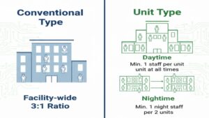 特別養護老人ホームの「従来型」が施設全体で人員基準を満たせば良いのに対し、「ユニット型」は昼間は各ユニットに常時1名、夜間は2ユニットに1名といった、より細かい配置基準があることを示した比較図。