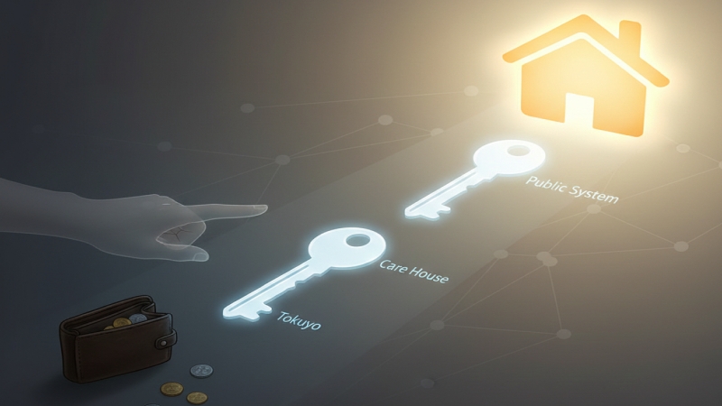 低所得者（年金受給者など）が老人ホームに入居するための具体的な「戦略」を示したイラスト。少ない資金（財布）から、公的制度や適切な施設（特養、ケアハウス）の活用を通じて、安心できる住まいを見つける道筋を表現。