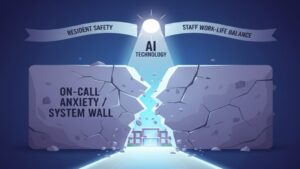 特養の宿直に関する制度変更を、単に人員削減の機会とするのではなく、AI見守りシステムなどのテクノロジーを導入することで、「入居者の安全」と「職員の働きやすさ」の両方を実現する未来へのチャンスに変えることを訴えるまとめのイラスト。