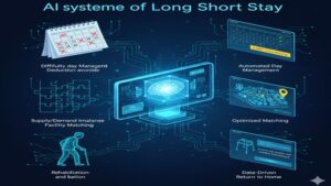 ショートステイの長期化問題を解決するため、AIが「複雑な日数管理の完全自動化」「地域の空きベッド情報と利用者の状態をマッチング」「データ分析による在宅復帰の可能性提示」という3つの側面で課題を解消する未来のシステム図。