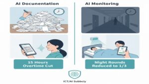 有料老人ホームで実現したAI活用による具体的な成果(AI記録システムによる月間15時間残業削減、AI見守りセンサーによる夜間巡回1/3減少)を、導入前後の状況対比で示すイラスト。