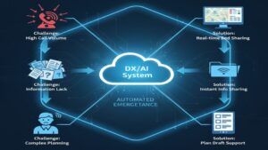 緊急ショートステイの課題（空床確認、情報不足、書類作成）を、AI・DXを活用した「リアルタイム空床共有」「利用者情報の瞬時連携」「暫定ケアプランの自動作成支援」によって解決し、「断らない」受け入れ体制を実現するシステム図。