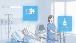 レスパイト入院は、医療的ケア（経管栄養、喀痰吸引など）に24時間対応できる医師や看護師が常駐し、体調急変時も安心できるという、医療面でのメリットを強調したイラスト。