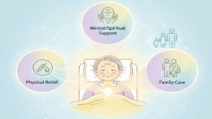 ホスピス型で提供される緩和ケア（パリアティブケア）の実際の内容を、「身体的苦痛の緩和」「精神的苦痛の緩和」「ご家族へのケア」という3つの柱で構成される全人的なケアとして示したイラスト。