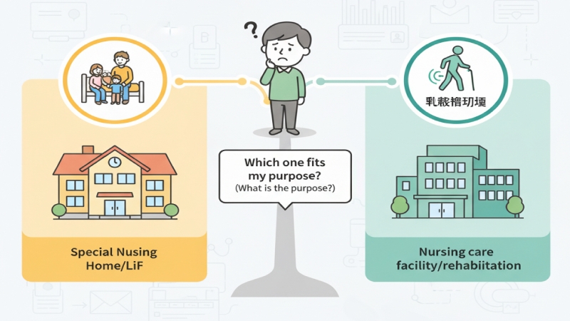 ショートステイの利用における「老健（リハビリ・医療）」と「特養（生活・介護）」の施設選びで迷うご家族の姿と、その違いを明確に示した決定木のような対比イラスト。