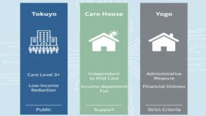 低所得者が入居できる可能性のある3つの公的施設（特別養護老人ホーム、軽費老人ホーム（ケアハウス）、養護老人ホーム）の、費用目安と主な対象者を対比して示した図。