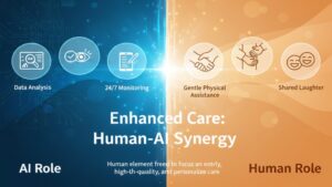 ユニット型特養における「AIに任せるべき仕事」（記録、監視、シフト作成）と「人がやるべき仕事」（感情への寄り添い、身体介助、楽しみの共有）を明確に分け、両者が協働することで新しいユニットケアの形を築く様子を描いたイラスト。