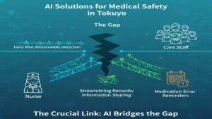 特養の医療ニーズ増大という課題に対し、AIを活用することで「バイタル異常の早期検知」「記録業務の効率化と情報連携」「医療安全の向上(誤薬防止)」という3つの面で貢献し、安全と効率を両立させる様子を描いたイラスト。