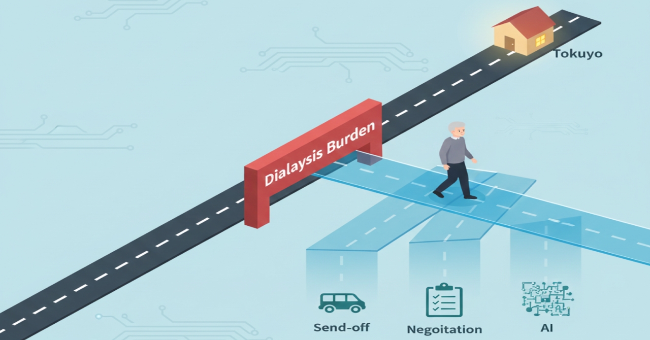 特養への入居を難しくする透析（人工透析）という医療的ケアの壁を、「送迎」「交渉（医療連携）」「AI活用」という3つの要素で乗り越え、安心した生活を送れる道が開かれる様子を示したイラスト。