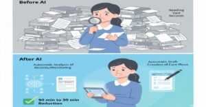 AI活用によるケアマネジャー業務の劇的な効率化。膨大な介護記録の「自動分析・レポート化」と、アセスメント情報に基づく「ケアプラン原案の自動作成」により、作成時間を最大65%削減し、業務負担を半減させる様子。