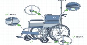 車椅子の点検ポイント（ブレーキ、フットサポート、点滴スタンド）の解説図