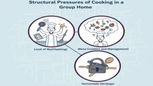 グループホームの調理が苦痛である構造的な理由。危険なマルチタスク（ワンオペ調理）、献立作成と食材管理のプレッシャー、「全て手作り」という古い価値観の3つの課題を図示したもの。